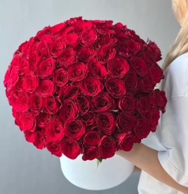 101 красная роза Кения в шляпной коробке 