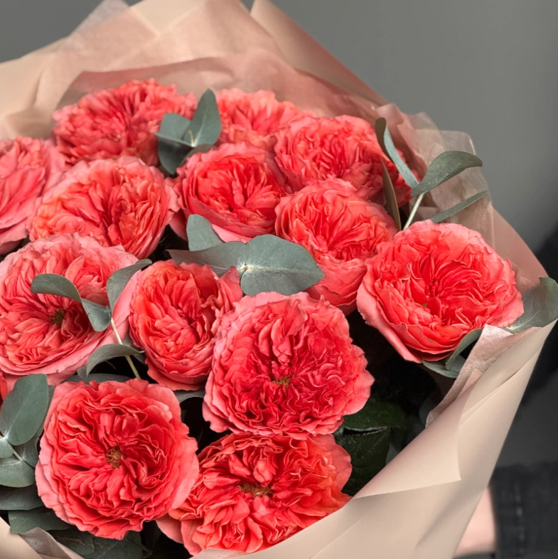 Пионовидные розы Кенди с эвкалиптом