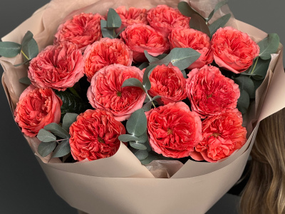 Пионовидные розы Кенди с эвкалиптом