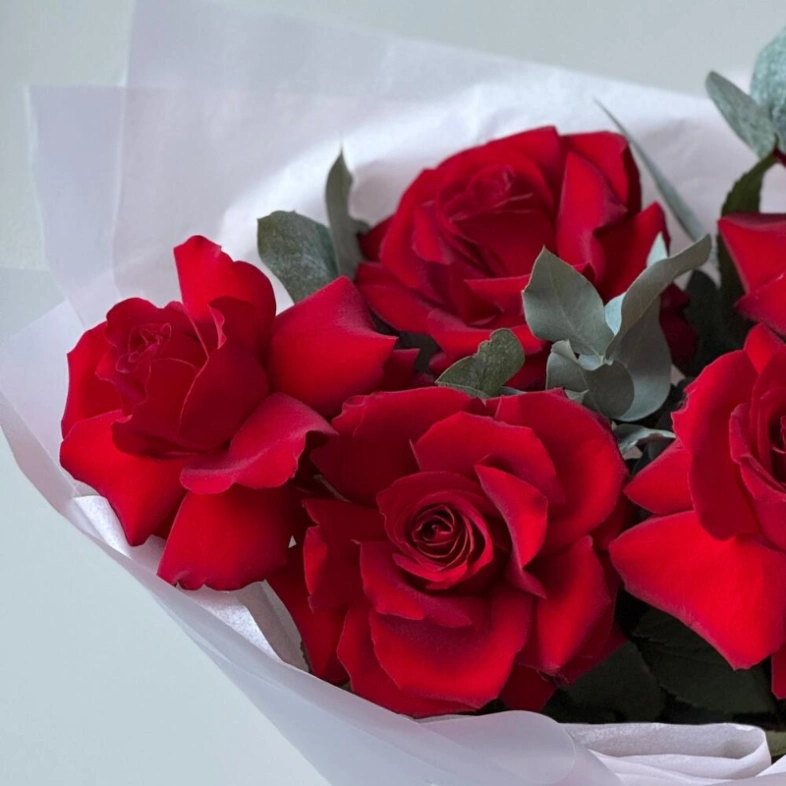 Французские красные розы с эвкалиптом