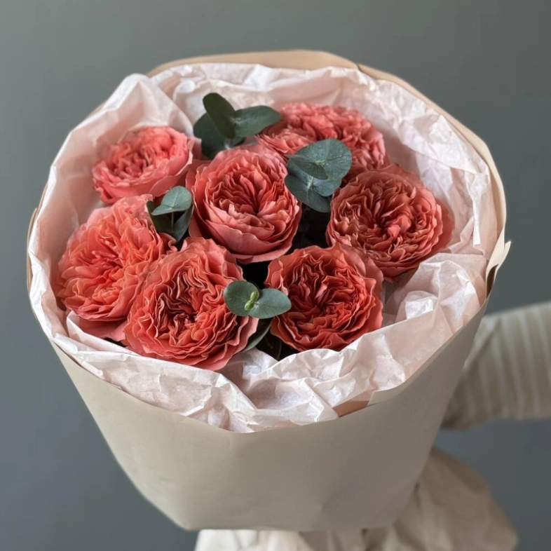 Роза Пионовидная Мандарин 7шт с эвкалиптом