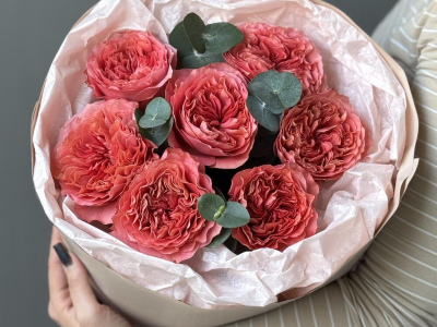 Роза Пионовидная Мандарин 7шт с эвкалиптом