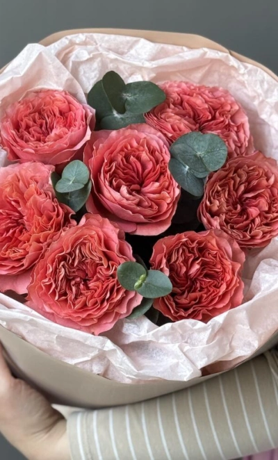 Роза Пионовидная Мандарин 7шт с эвкалиптом