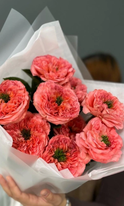 Букет пионовидная роза мандарин 9шт