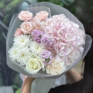 Букет из гортензии кустовых роз и маттиолы 0