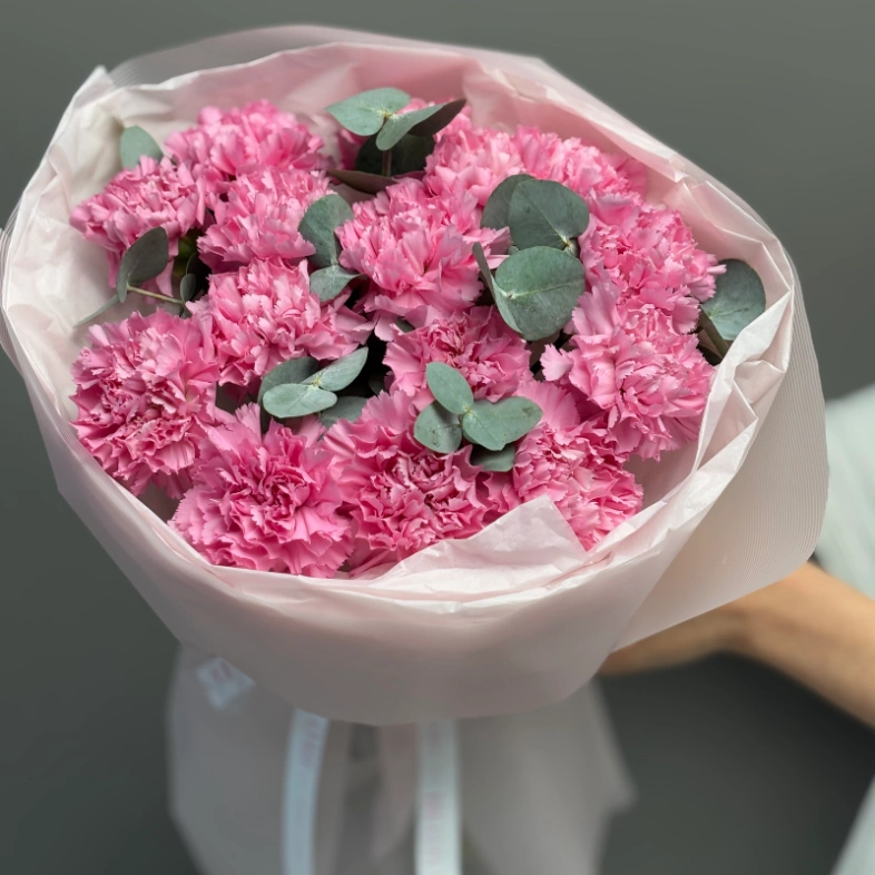 Сортовые диантусы холодно розовые с эвкалиптом 