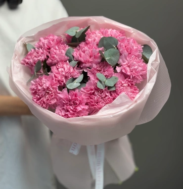 Сортовые диантусы холодно розовые с эвкалиптом 