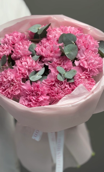 Сортовые диантусы холодно розовые с эвкалиптом 