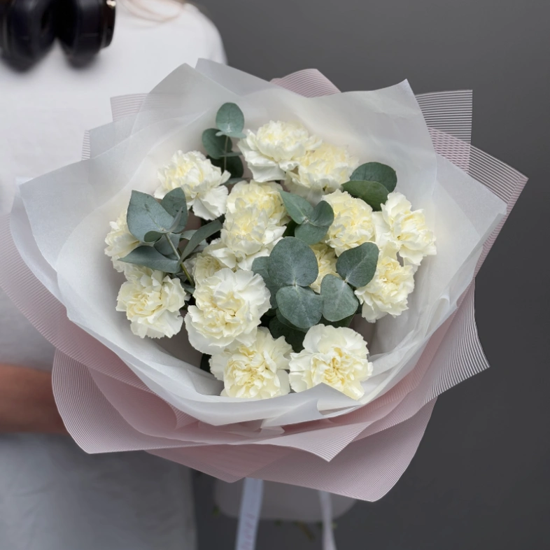 Сортовые диантусы белые с эвкалиптом 