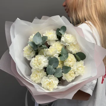 Сортовые диантусы белые с эвкалиптом 