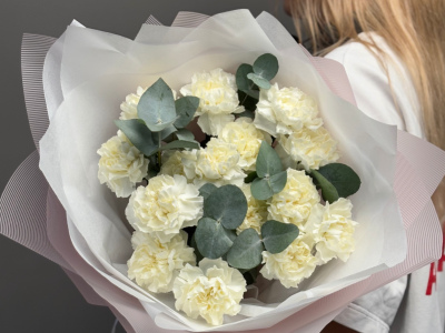 Сортовые диантусы белые с эвкалиптом 