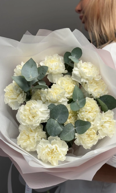 Сортовые диантусы белые с эвкалиптом 