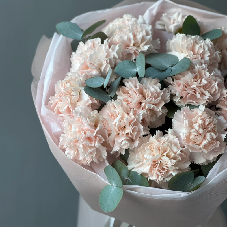 Сортовые кремовые диантусы с эвкалиптом 