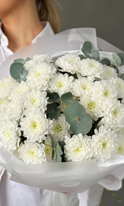 Белоснежные кустовые хризантемы с эвкалиптом