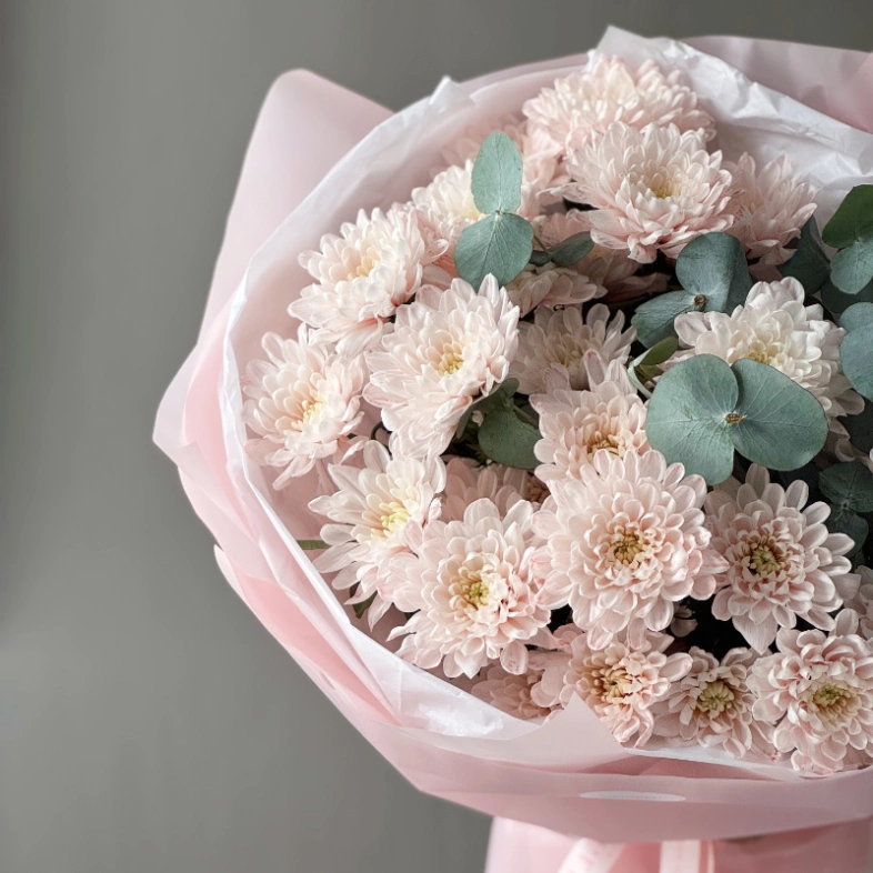 Розовые кустовые хризантемы с эвкалиптом