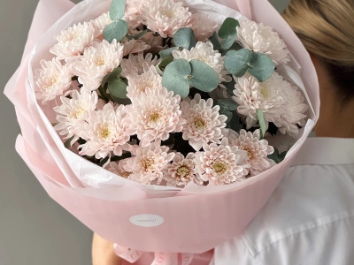 Розовые кустовые хризантемы с эвкалиптом