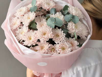 Розовые кустовые хризантемы с эвкалиптом