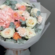 Воздушный букет с гортензией, кустовыми и одноголовыми розами , диантусами 3
