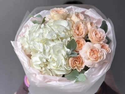 Белая гортензия и кустовая роза Pavlova