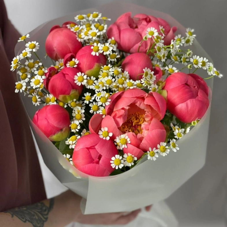 Букет с пионами Корал Шарм и ромашкой
