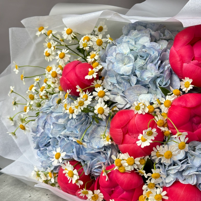 🔥Букет с пионами Coral, гортензией и ромашкой 🌺