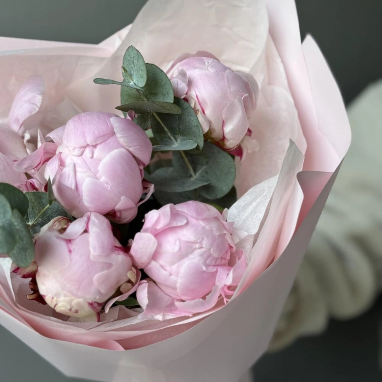 Букет с 5 пионами и эвкалиптом