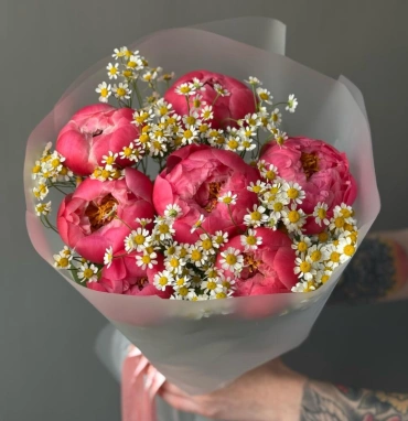 Букет «Пинацетум» / 7 пионы Coral Charm-ромашка