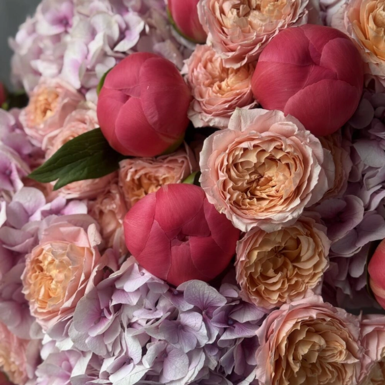 Букет «Coral Charm» | пион-кустовая роза Джульетта - гортензия