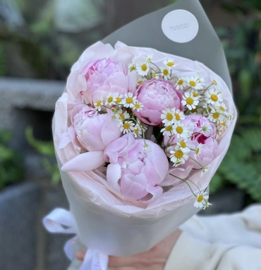 Пионы Сара Бернар и ромашка танацетум