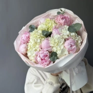 Букет «Лавандовый раф» | пион 8 Сара Бернар - гортензия - эвкалипт 0