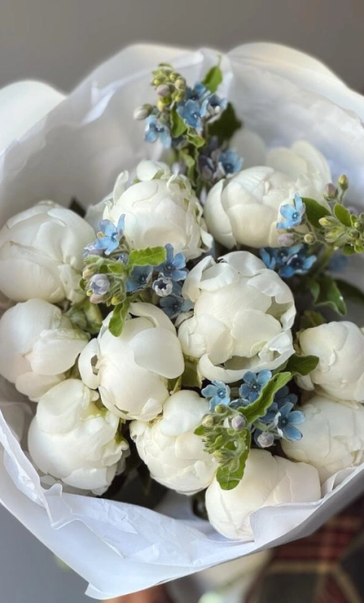 Букет «Пиокси 3.0» | пион белый 11 - незабудка