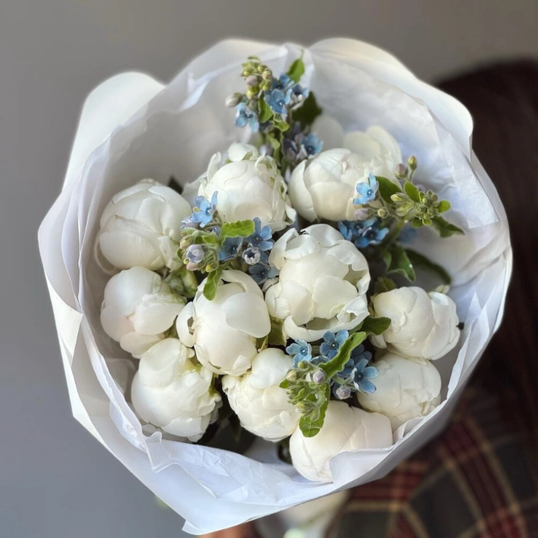 Букет «Пиокси 3.0» | пион белый 11 - незабудка