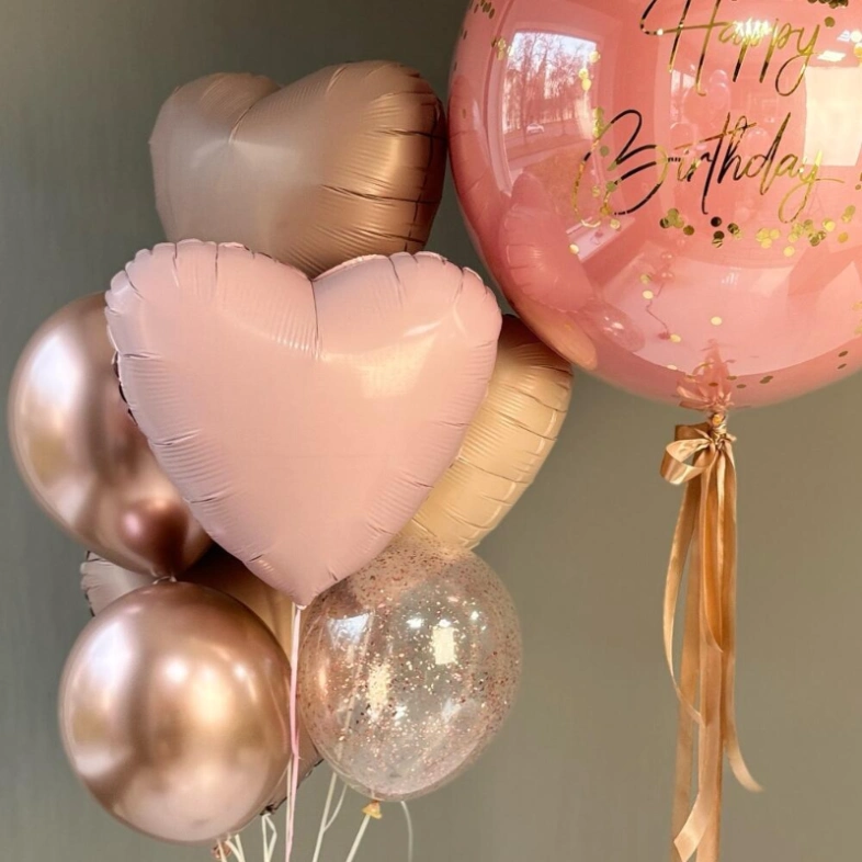 Баблз (60см) и фонтан шаров 🤎 «Happy birthday»