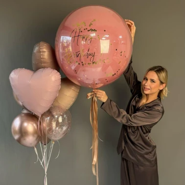 Баблз (60см) и фонтан шаров 🤎 «Happy birthday»