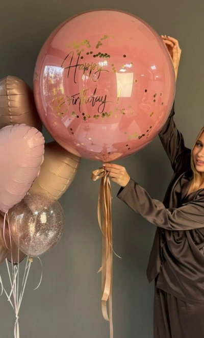 Баблз (60см) и фонтан шаров 🤎 «Happy birthday»