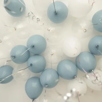 Шары в потолок ( небесно-голубые, белые, конфетти)