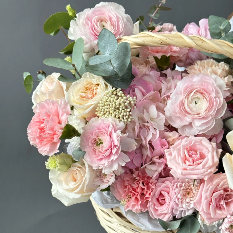 «Теплая осень» Ранункулюсы, пионовидные розы и гортензия в корзине