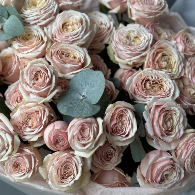 Шикарное моно из кустовых пионовидных роз с эвкалиптом