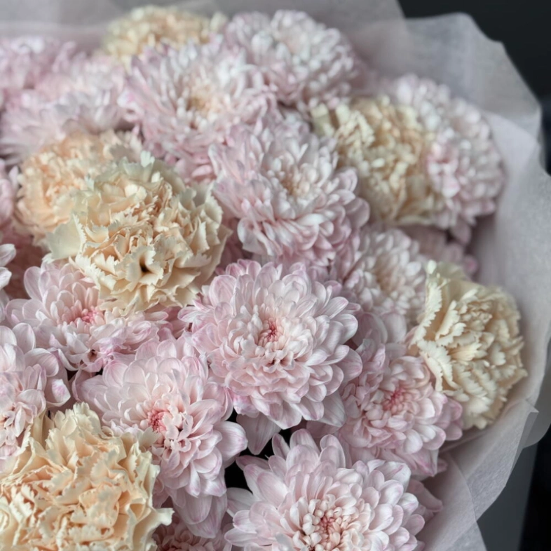 Букет &laquo;Самый стойкий&raquo; из хризантем и диантусов