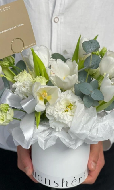 Весенняя композиция с тюльпанами и эустомой