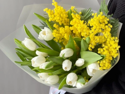 Авторский букет из весеннего сочетания мимозы и тюльпанов