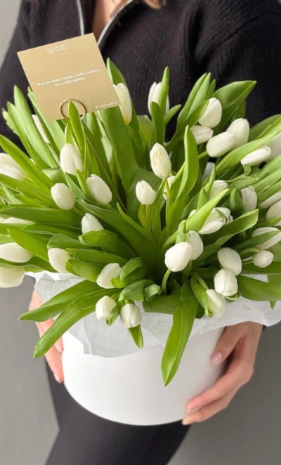 Композиция из 51 белого тюльпана в шляпной коробке